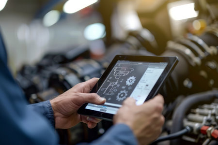 Mechanic holding a digital tablet with car diagnostic software in front of a vehicle engine.の素材