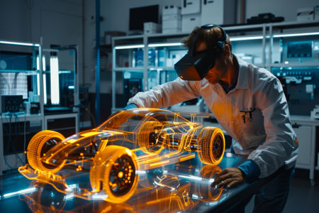 Automotive engineer using augmented reality to interact with a 3D car model in a high tech lab.の素材