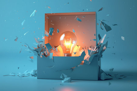 A conceptual image of a light bulb breaking through a blue box, symbolizing creativity and innovation.の素材