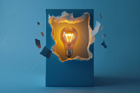 A conceptual image of a light bulb breaking through a blue box, symbolizing creativity and innovation.の素材