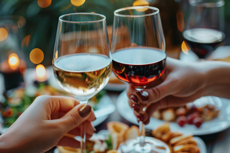 A close up of hands toasting with glasses of red and white wine over a table with appetizers.の素材