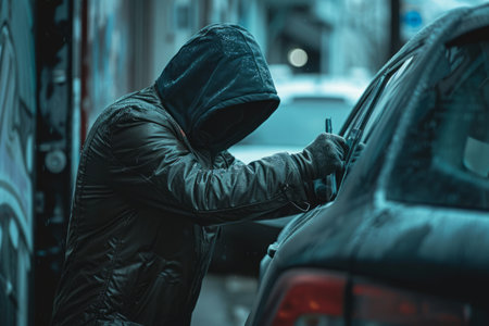 A person in a hooded jacket attempting to break into a car with a tool.の素材
