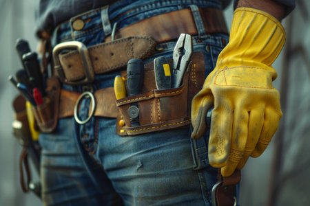 Close up of a worker's tool belt with various tools and yellow gloves.の素材