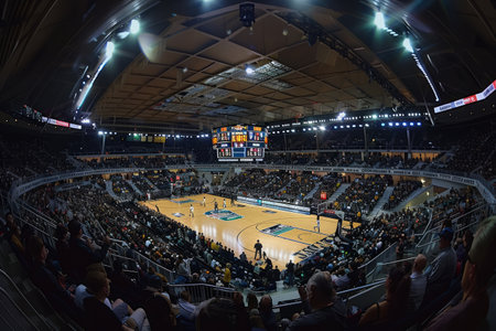 A wide angle shot of a basketball game in an arena filled with spectators.の素材