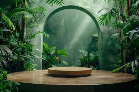 A circular podium surrounded by lush greenery in a room with green walls and an arched opening.の素材