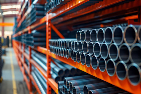 Stacks of steel pipes in an industrial warehouse with orange racks.の素材