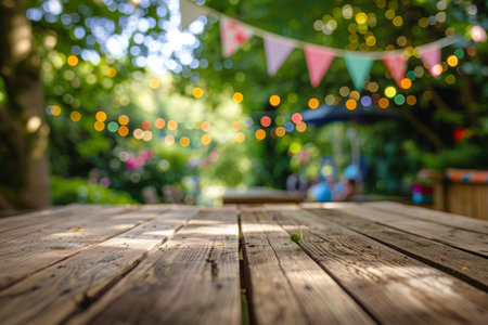 Wooden table top with a blurred background of a garden party atmosphere.の素材