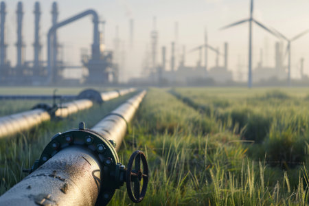 Industrial pipelines in a field with wind turbines and factories in the background.の素材