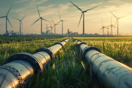 Industrial pipelines in a field with wind turbines and factories in the background.の素材