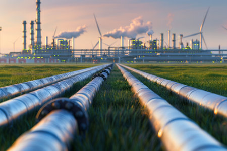 Industrial pipelines in a field with wind turbines and factories in the background.の素材