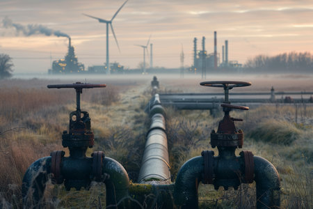 Industrial pipelines in a field with wind turbines and factories in the background.の素材