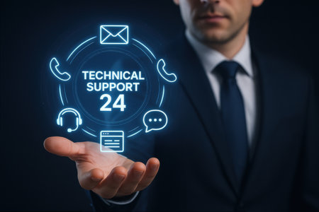 Technical support 24 hours service concept with business man holding digital icons in handの素材