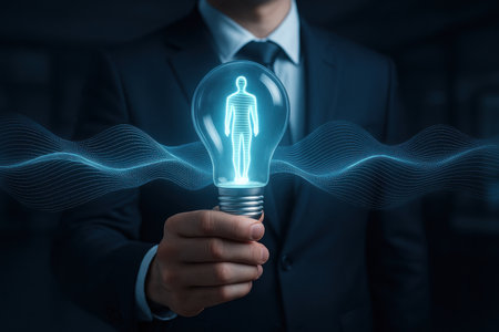 Businessman holding glowing light bulb with human figure inside symbolizing innovation and ideasの素材