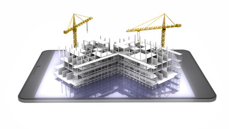 Construction scaffold crane on white background of highrise buildings. 3D renderingの写真素材