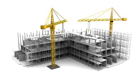 Construction scaffold crane on white background of highrise buildings. 3D renderingの写真素材
