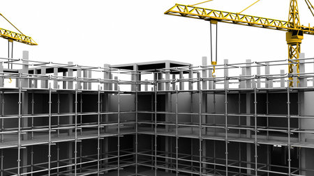 Construction scaffold crane on white background of highrise buildings. 3D rendering