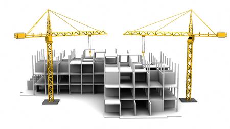 Construction scaffold crane on white background of highrise buildings. 3D renderingの写真素材