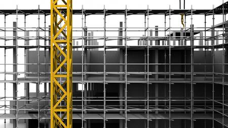 Construction scaffold crane on white background of highrise buildings. 3D renderingの写真素材