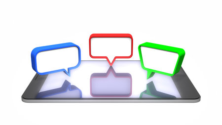 colorful dialog speech bubbles on tablet. 3D rendering