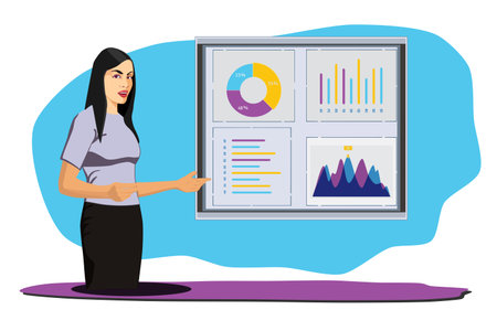 business woman work with of business workflow, graph diagram, business presentation. Vector...