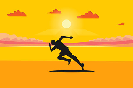 Silhouette of running man on sunset. Vector Illustrationのイラスト素材