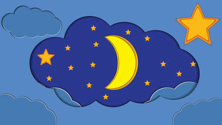 Moon star in Night sky paper cut style. Vector Illustrationのイラスト素材