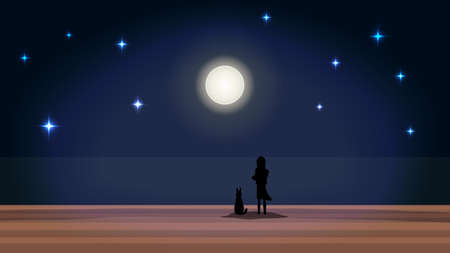 Night landscape with a girl and a full moon. Vector illustration.の写真素材