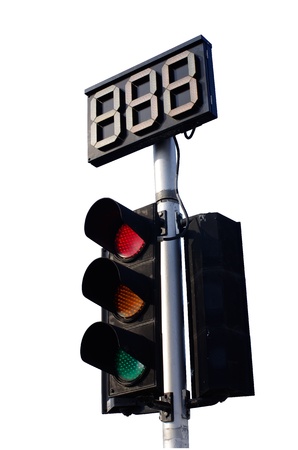 Traffic Light Red, Yellow and Green with Countdown Sign on White Backgroundの写真素材