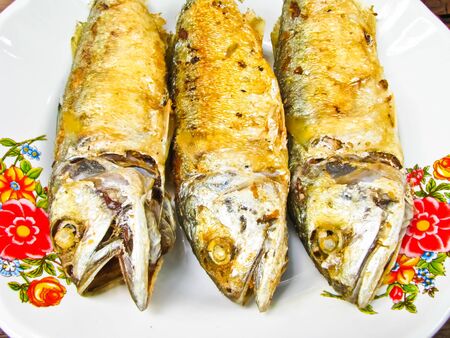 three fried mackerel on dishの写真素材