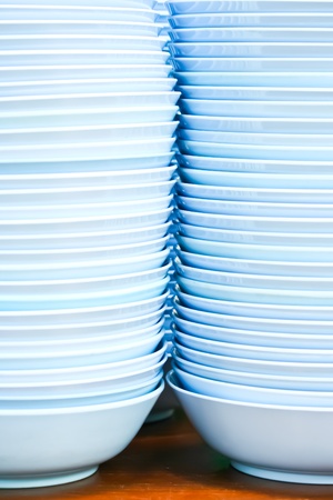 blue bowls on tableの写真素材