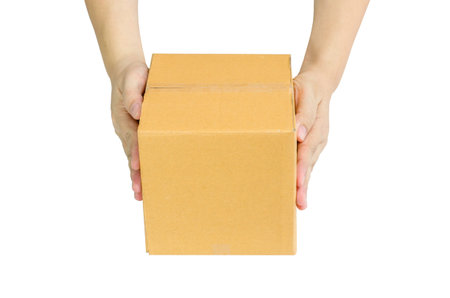 Hands delivery a cardboard box on white background