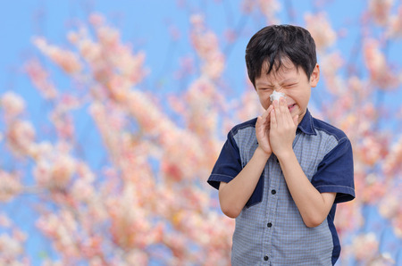 Little Asian boy has allergies from flower pollenの写真素材