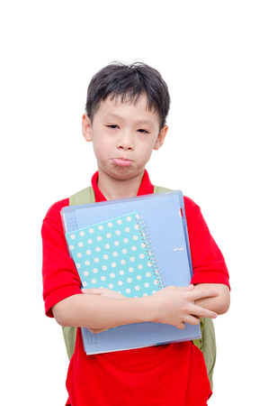 Sad asian student isolated over white backgroundの写真素材
