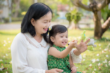 Asian Grandmother and granddaughter sitting and playing hand puppet together in the garden.Happy Asian family conception.の写真素材