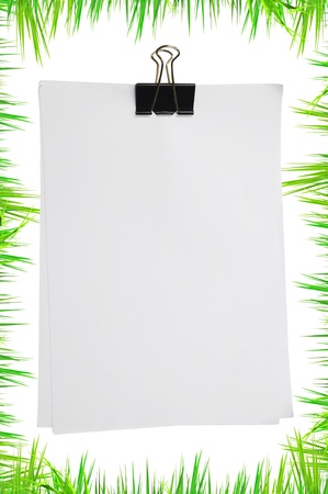 Black clip and white blank note paper with green grassの写真素材