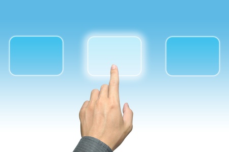 businessman hand pushing a button on a touch screen interface の写真素材
