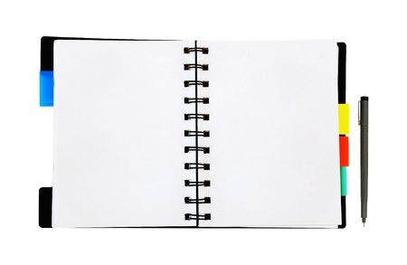 open notepad and pen on white background の写真素材