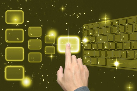 businessman hand pushing keyboard on the gold touch screen interface の写真素材