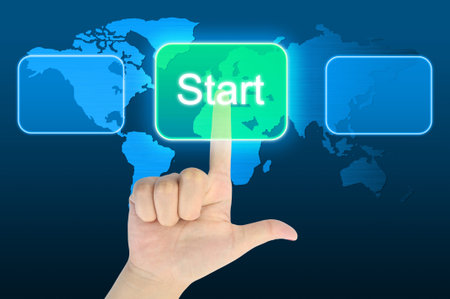 woman hand pressing start button on a touch screen interface 