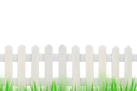 old white fence and grass for background の写真素材