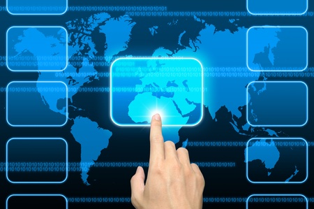 hand pushing a button on a touch screen interface の写真素材