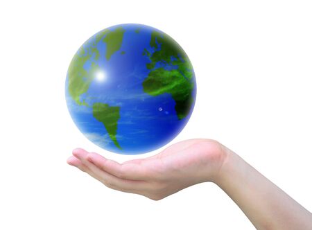 world and women hand on white backgroundの写真素材