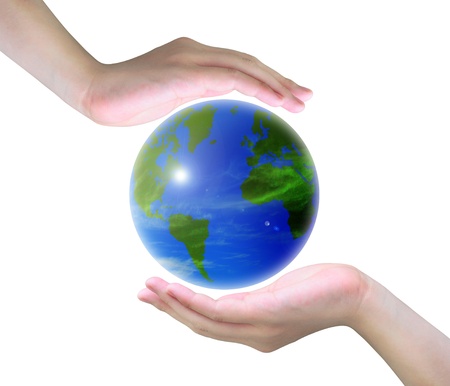 world and women hand on white backgroundの写真素材