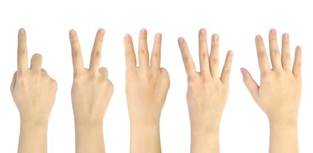 set counting number 1-5 of woman hand isolated on white backgroundの写真素材