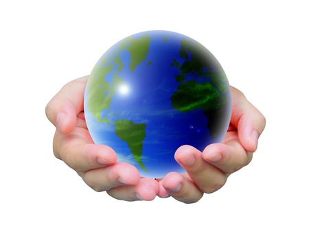 world and women hand on white backgroundの写真素材