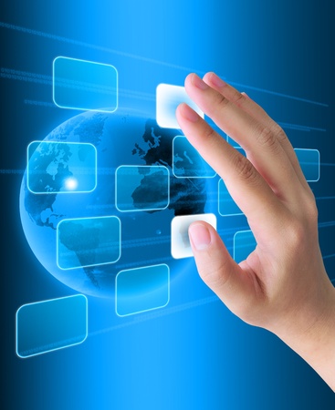 hand pushing a button on a touch screen interfaceの写真素材