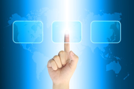 hand pushing a button on a touch screen interfaceの写真素材