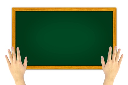 hand holding green blackboardの写真素材