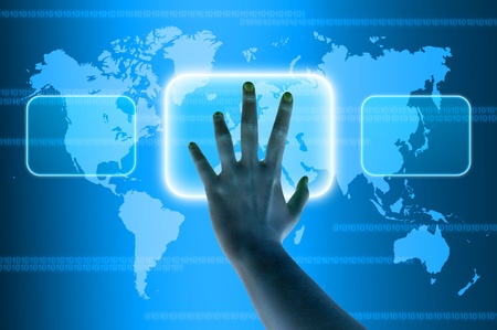 hand pressing a button on a touch screen interfaceの写真素材