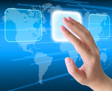 hand pressing a button on a touch screen interfaceの写真素材
